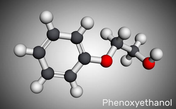 Phenoxyethanol primary alcohol molecule. It is glycol ether, antiinfective agent, preservative, antiseptic, solvent. Molecular model. 3D rendering
