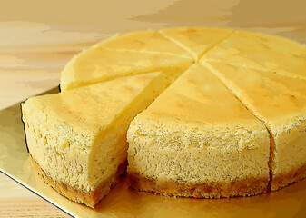 Illustration of a slice of creamy plain baked cheesecake cut from the whole cake