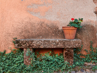 Rustic stone bench and flower pot