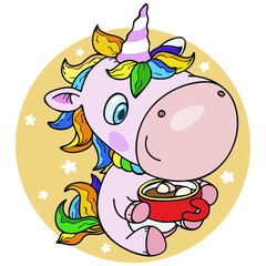 cute little unicorn with mug of hot chocolate