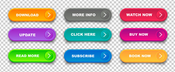 Set of vector modern trendy flat buttons. Trendy colors with transparent background. Read More, learn more, buy now, download, watch now, book more colorful button set