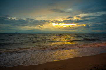 Sunset of Bang Saen Beach in Chonburi, famous beach for local tourists near Bangkok, Thailand