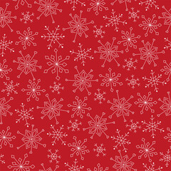 Snowflakes seamless pattern. White doodle snowflakes on red background. Line art. Background for winter design. 
