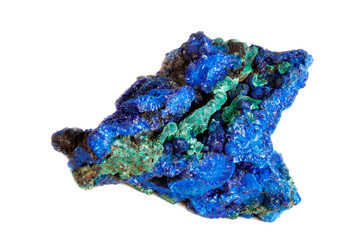 Macro mineral stone malachite with azurite on white background