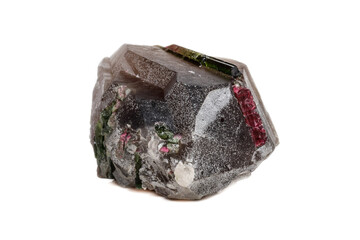 Macro mineral tourmaline stone in quartz on a white background