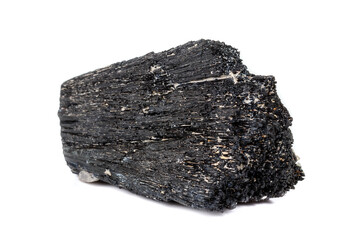Macro mineral stone Schorl, Black Tourmaline on a white background