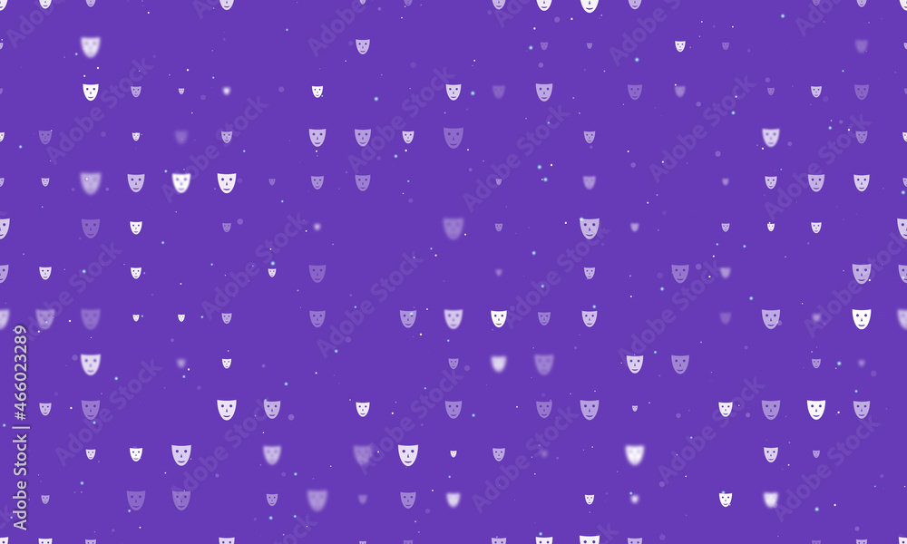 Poster seamless background pattern of evenly spaced white theatrical masks of different sizes and opacity. 