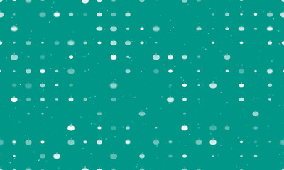 Seamless background pattern of evenly spaced white pumpkin symbols of different sizes and opacity. Vector illustration on teal background with stars