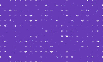 Seamless background pattern of evenly spaced white lips symbols of different sizes and opacity. Vector illustration on deep purple background with stars
