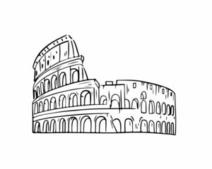 Colosseum drawn with a black line, icon, doodle. Vector illustration