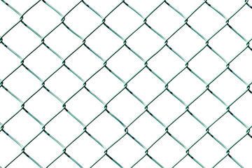 Mesh fence isolated on white background. Green metal fence made of welded mesh. Close up