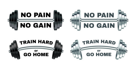 Barbell and inspirational lettering No pain - no gain and Train hard.