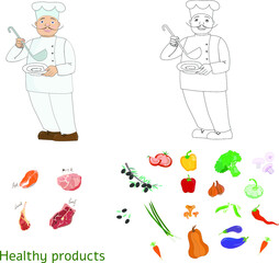 Set of vector images of vegetables, different types of meat, figures of a chef in professional clothes with a ladle and a plate in his hands, in color and linear form, drawn- hand
