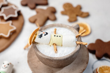 christmas background with hot chocolate and snowman