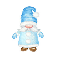 Watercolor Christmas gnome, Blue Santa Claus Hand painted New year illustration isolated on white background. Little santa helper for new year tag, package, card, xmas decor, poster