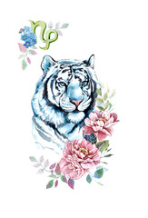 Watercolor blue tiger with flowers and zodiac sign Capricorn. Beautiful wreath with wild animal. Watercolor hand drawing illustration.