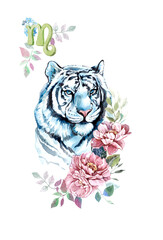 Watercolor blue tiger with flowers and zodiac sign Scorpion . Beautiful wreath with wild animal. Watercolor hand drawing illustration.