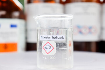 Potassium hydroxide liquid in glass, chemical in the laboratory