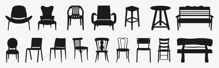 Black chair silhouettes group. Chair, table, bench & Seating icons set Vector illustration - obrazy, fototapety, plakaty