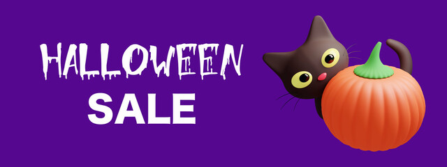 Colorful halloween sale ads banner with cute cartoon black cat and orange pumpkin on bright purple background.Special offer deal holiday poster concept. Website top header.Web design graphics element.