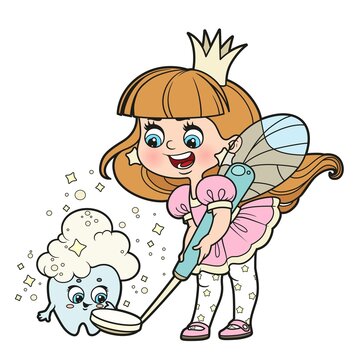 Cute little girl tooth fairy holds a dental mirror and helps the tooth to wash color variation for coloring page on white background