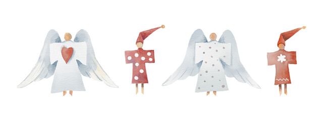watercolor set with a Christmas dolls, toys, angels