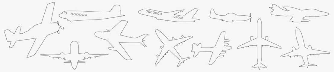 Plane icon set line. Aircraft's flat style. Airplane icon vector. Flight transport symbol. Travel illustration.