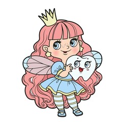 Cute cartoon little fairy girl holding a baby tooth in hands color variation for coloring page on white background