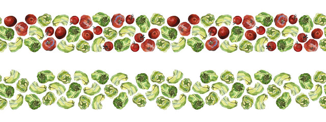 2 wide seamless borders of green bell peppers and tomatoes, isolated on white. Watercolour illustration. For duct tape, ribbon, textile, cook book, food related projects and packaging design.
