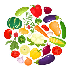 Colorful cartoon vegetables icons in round isolated on white - 466028644