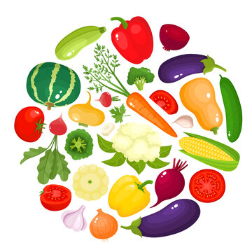 Colorful cartoon vegetables icons in round isolated on white