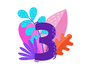 Vector floral number 3 with neon decorative leaves isolated on white.