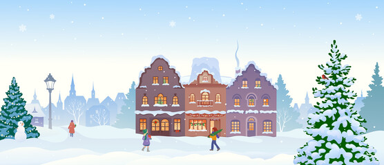 Vector cartoon illustration of snowy town panorama, Christmas background