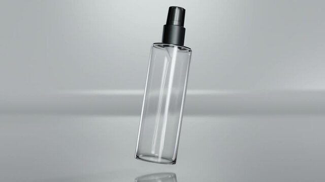 Loop animation of Instant antiseptic hand sanitizer mist spray, antibacterial alcohol liquid. One transparent plastic bottle with atomizer pump isolated on white background, studio shot. 3d render