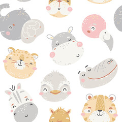 Seamless childish pattern with cute animal heads in scandinavian style. Great for fabric, textile, nurcery, wallpaper. Vector illustration of jungle baby animal faces