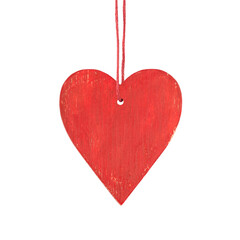 Hanging red wooden heart. Christmas ornament isolated on a white background.