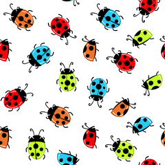 Fashion animal seamless pattern with colorful ladybird on white background. Cute holiday illustration with ladybags for baby. Design for invitation, poster, card, fabric, textile