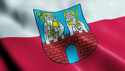 3D Waving Poland City Flag of Strzegom Closeup View