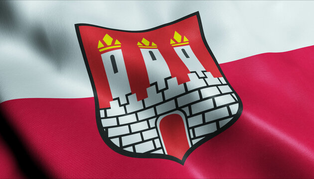 3D Waving Poland City Flag of Warka Closeup View