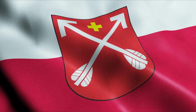 3D Waving Poland City Flag of Strzelno Closeup View