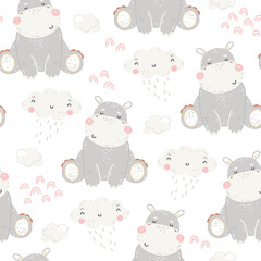 Seamless childish pattern with cute baby hippo and clouds.Scandinavian kids illustration for fabric, nursery, textile, wallpaper, wrapping paper design. Vector hand drawn animals for boys and girls.