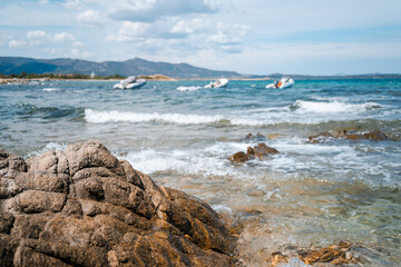 beautiful view of the wavy sea on the east coast of Sardinia in Italy Europe