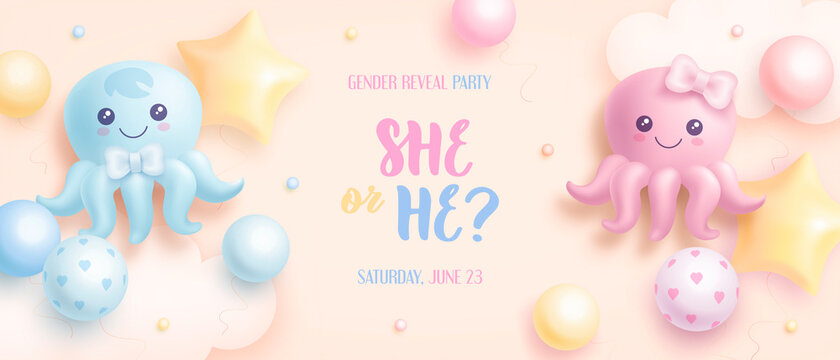 He or she. Cartoon gender reveal invitation template. Horizontal banner with realistic octopus and helium balloons. Vector illustration