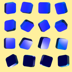 Set 3D of button blue and light blue cubes, squares, isolated. 3d buttons, for sites, internet, pages. Different light, perspective and angle. Vector illustration. Isolated on gray background.