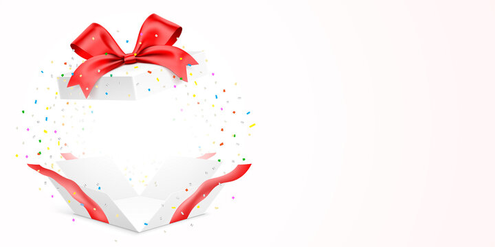 Exploded White Gift Box With Red Ribbon And Colorful Confetti, Isolated On Background With Copy Space. Unfolded Surprise Giftbox Vector Illustration.