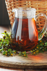 Bidens plant tea or decoction in glass pitcher with bur marigold herb on wooden rustic background, closeup, bio retinol source, antibacterial treatment and naturopathy concept