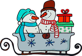 Set of winter holidays snowmen. Couple cheerful snowmen make delivery christmas gifts. Flat vector illustration