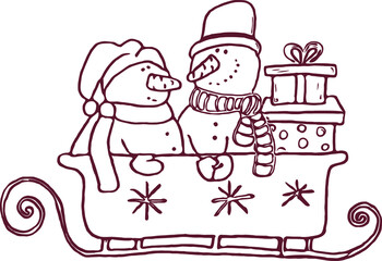 Set of winter holidays snowmen. Couple cheerful snowmen make delivery christmas gifts. Flat vector illustration
