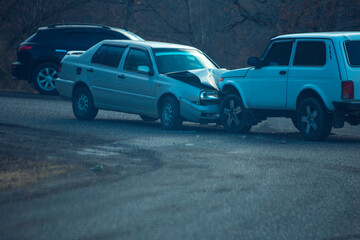 Fototapeta na wymiar Car crash accident on street with wreck and damaged automobiles