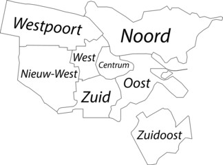 Simple white vector map with black borders and name tags of urban city districts of Amsterdam, Netherlands